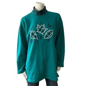 Vintage Green and Plaid Leaves Sweater Sweatshirt Made in Canada